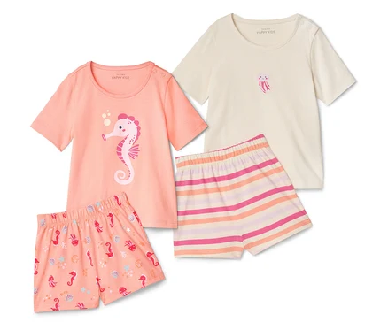 Két Kinder-Shorty-Pyjamas, Seepferdchen pizsama szett korall színű, csíkos rövidnadrággal és hozzáillő felsőkkel.