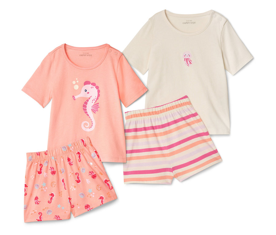 Két Kinder-Shorty-Pyjamas, Seepferdchen pizsama szett korall színű, csíkos rövidnadrággal és hozzáillő felsőkkel.
