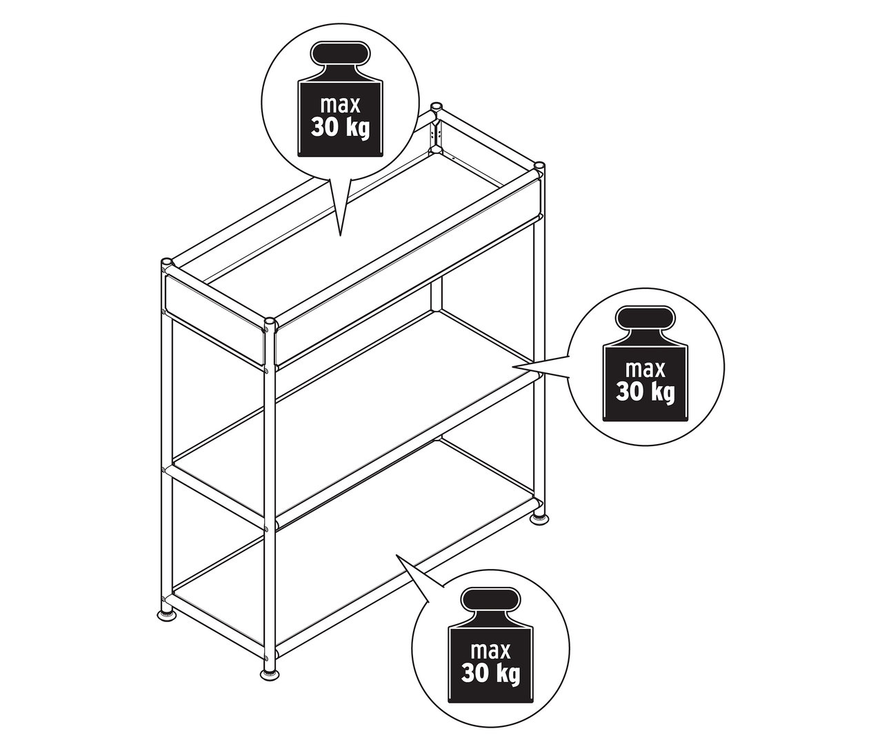 Háromszintes »CN3 Slim Line« fém konzolasztal tárolófelülettel. Minden tárolófelületen fel van tüntetve a maximális, 30 kg-os terhelhetőség.