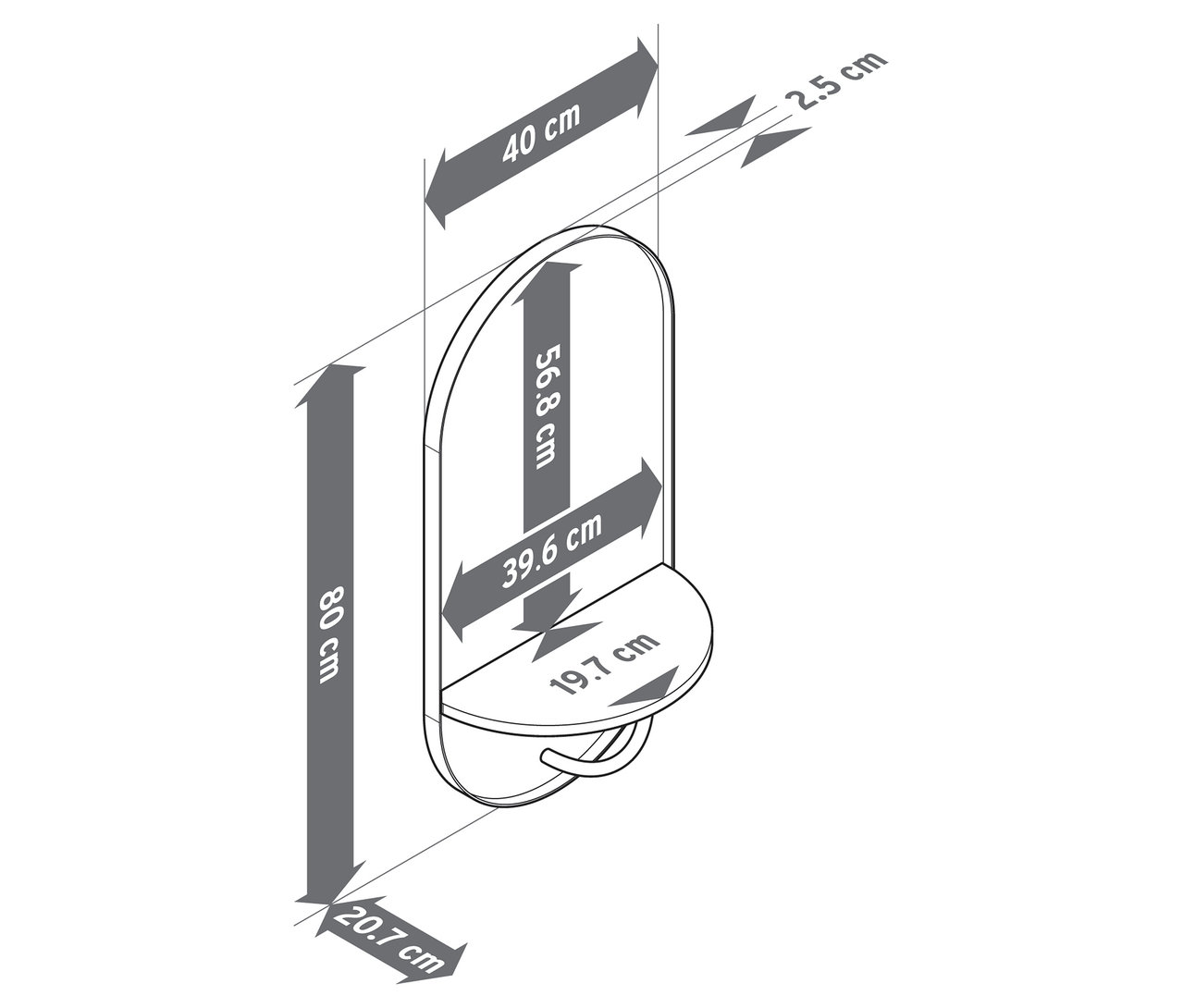 Ábra egy fali tükröt polccal és vállfatartóval, méretekkel együtt.