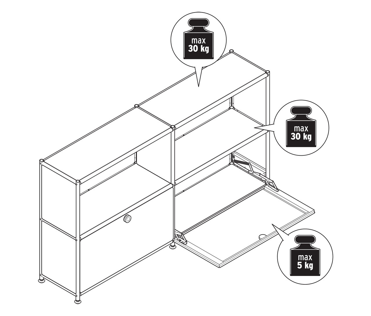 Felülnézet egy »CN3 Slim Line« fém szekrényről, két áthelyezhető lenyíló ajtós rekesszel, melyek közül az egyik nyitva van.