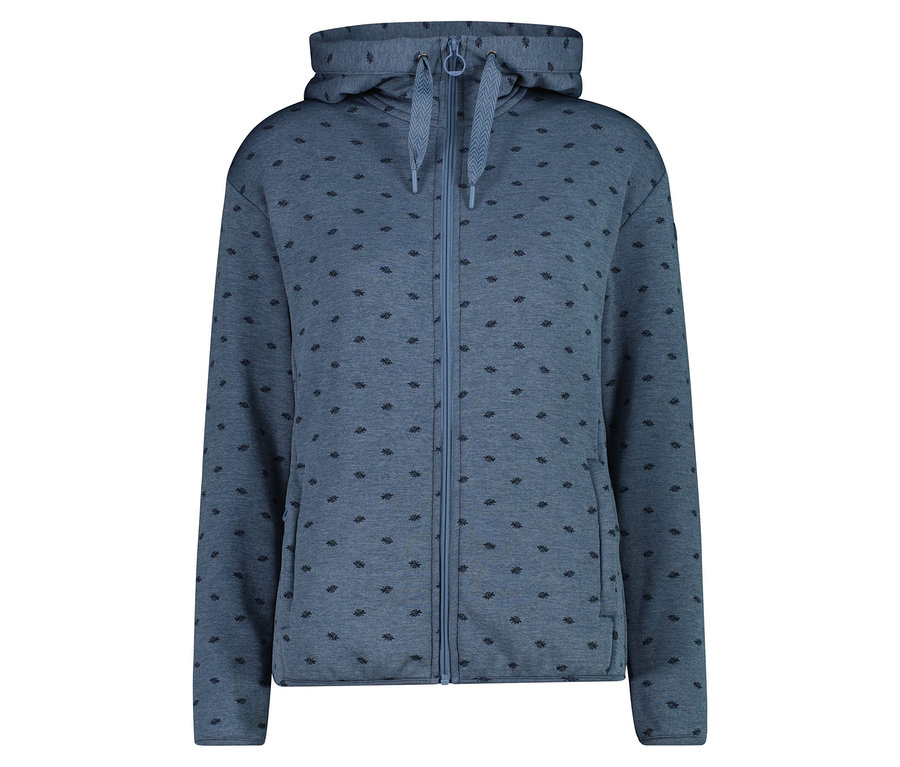 Világoskék, cipzáros, kapucnis pulóver, finom mintával díszítve.