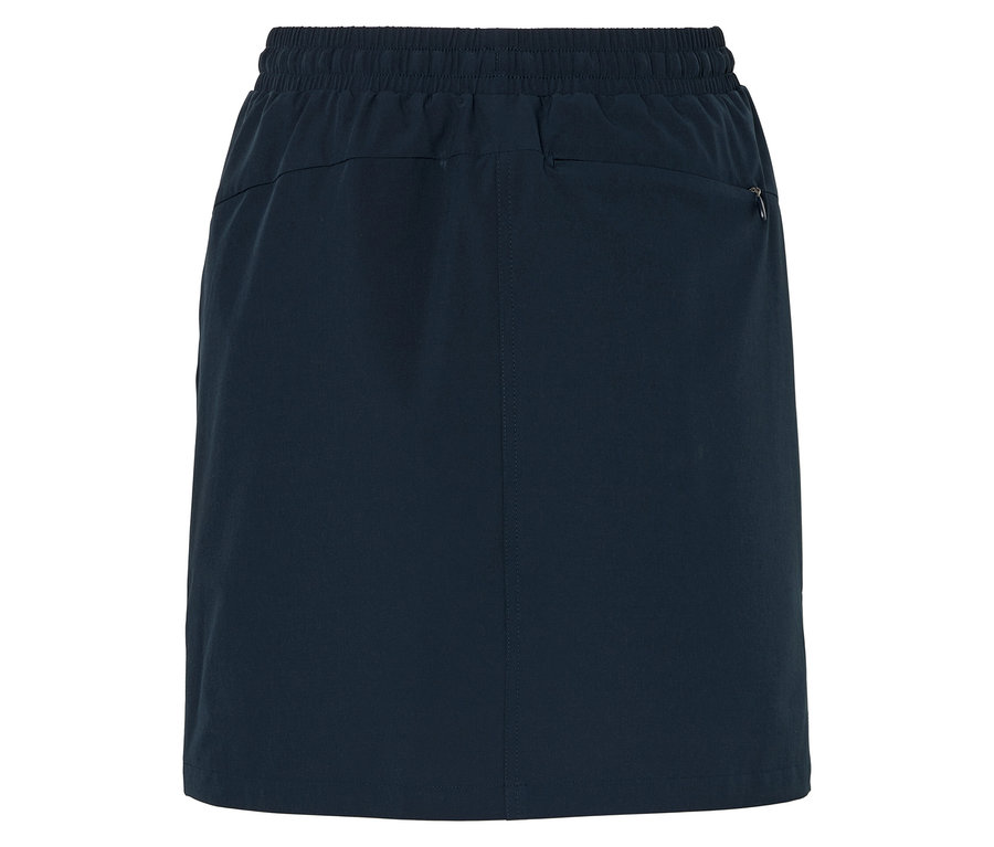 Hátulnézet egy sötétkék szoknyáról, elasztikus derékpánttal.