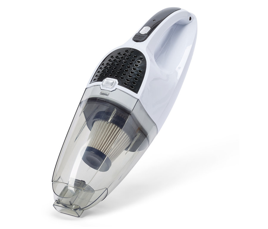Fehér kézi porszívó átlátszó portartállyal és szűrővel, fehér háttér előtt.