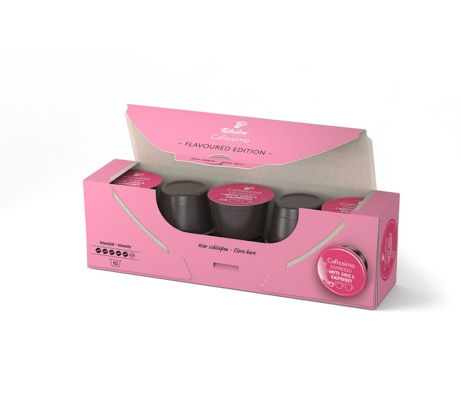 Nyitott, rózsaszín Cafissimo Flavoured Espresso - White Choc & Raspberry csomag tíz kapszulával.