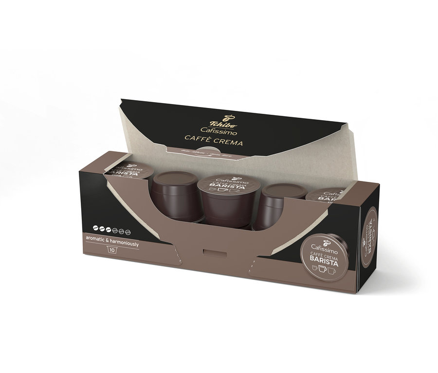 Egy nyitott csomag Cafissimo BARISTA Caffè Crema kapszula, 10 darab látható.