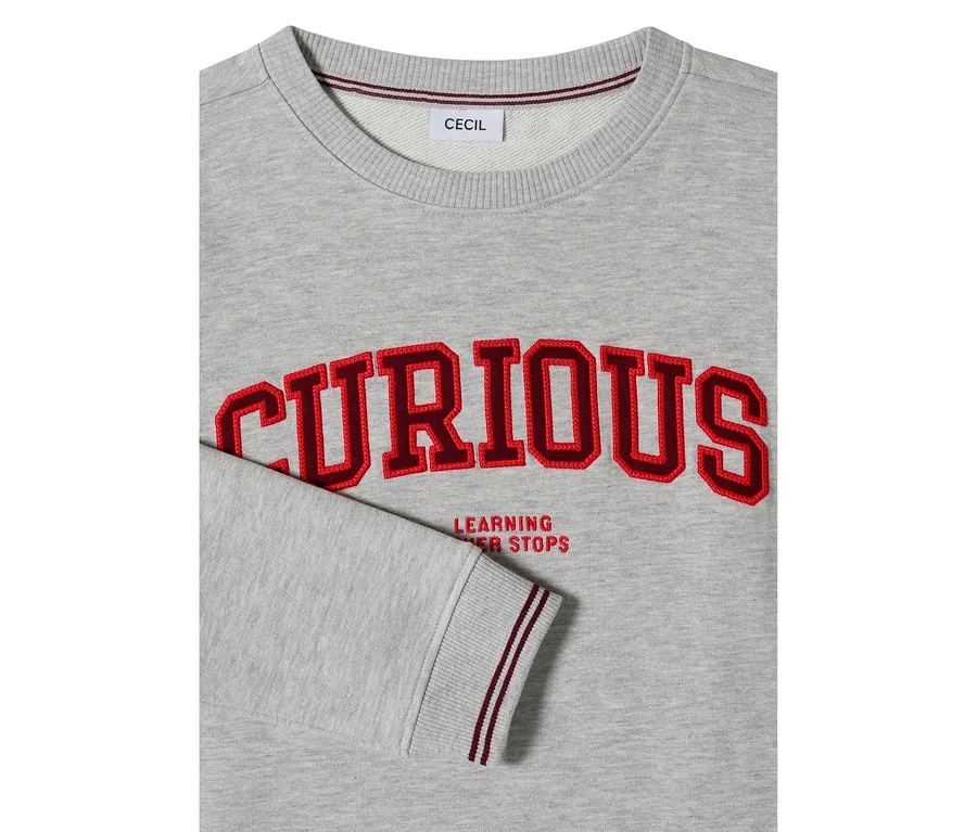 Szürke CECIL szabadidőfelső piros hímzett "CURIOUS" felirattal és alatta "LEARNING NEVER STOPS" szöveggel. Bordázott nyakkivágás és mandzsetták sötétvörös csíkokkal.