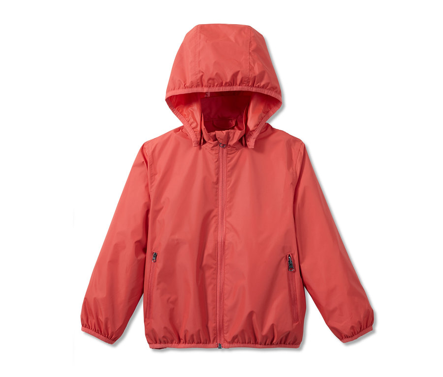 Narancssárga, összehajtható esőkabát kapucnival.