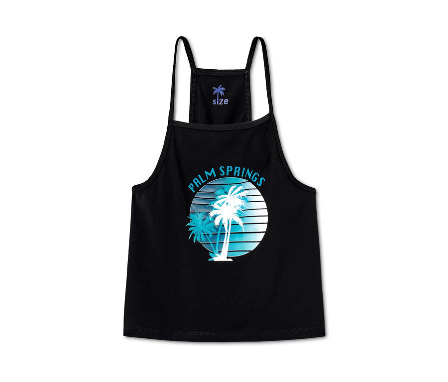 Fekete Palm Springs mintás top, 3 lány top szettben, pálmás, lila/türkiz/fekete