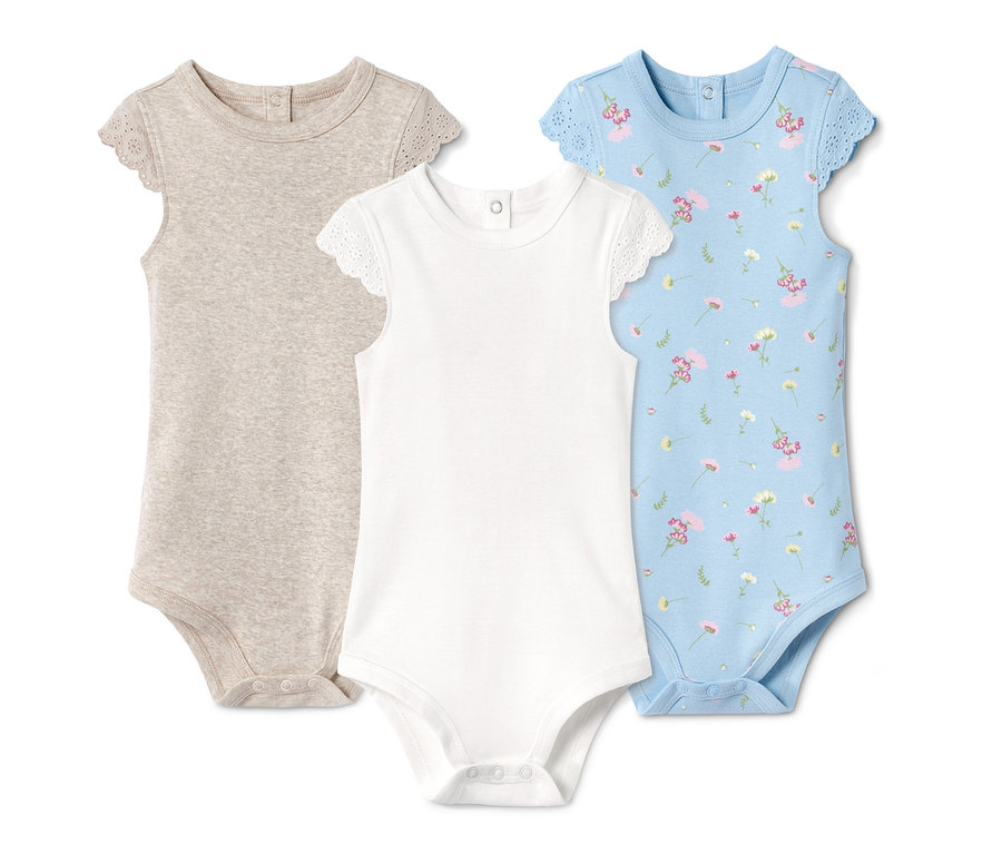 Három darab bio pamut body barna, fehér és kék színben, virágmintával.