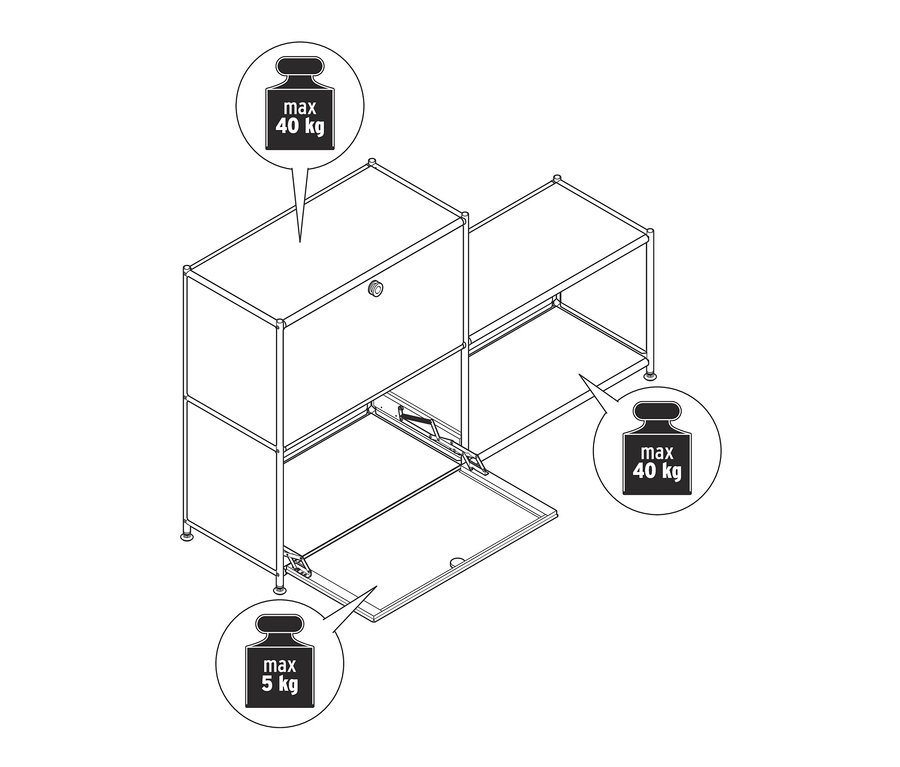Egy »CN3« polcos komód 2 lenyitható ajtóval és egy »CN3« 3 rekeszes fém szekrény rajza.