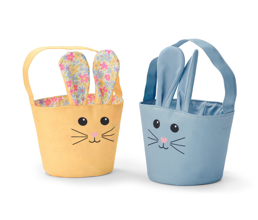Két húsvéti tojás gyűjtőtáska: egy sárga virágos fülekkel és egy kék kék fülekkel.