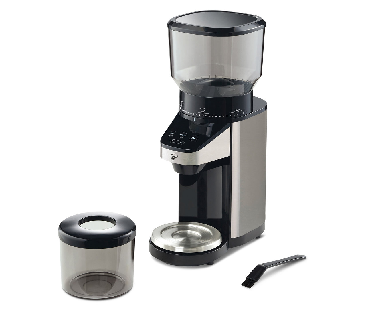 Elektromos kávédaráló mérleggel, őrölt kávé tárolóval és tisztítókefével.