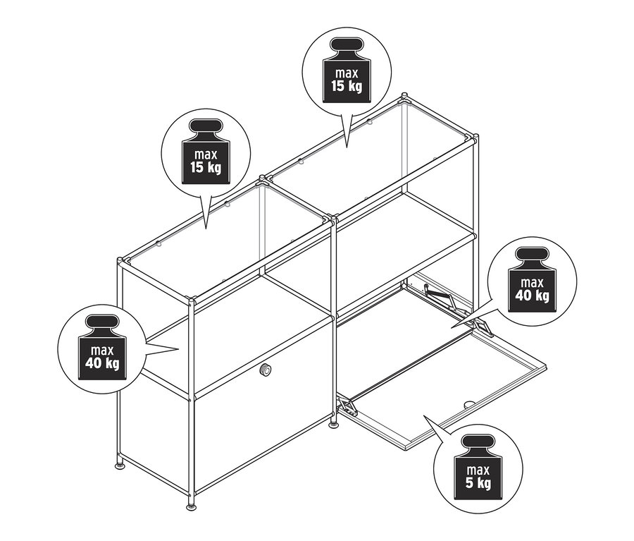 Rajz egy szürkésbarna »CN3« fém komódról 2 lenyíló ajtóval és üvegpolcokkal.