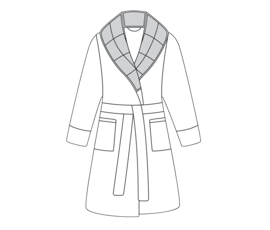 Illusztráció egy fehér, szürke sálgalléros női súlyozott fürdőköpenyről.