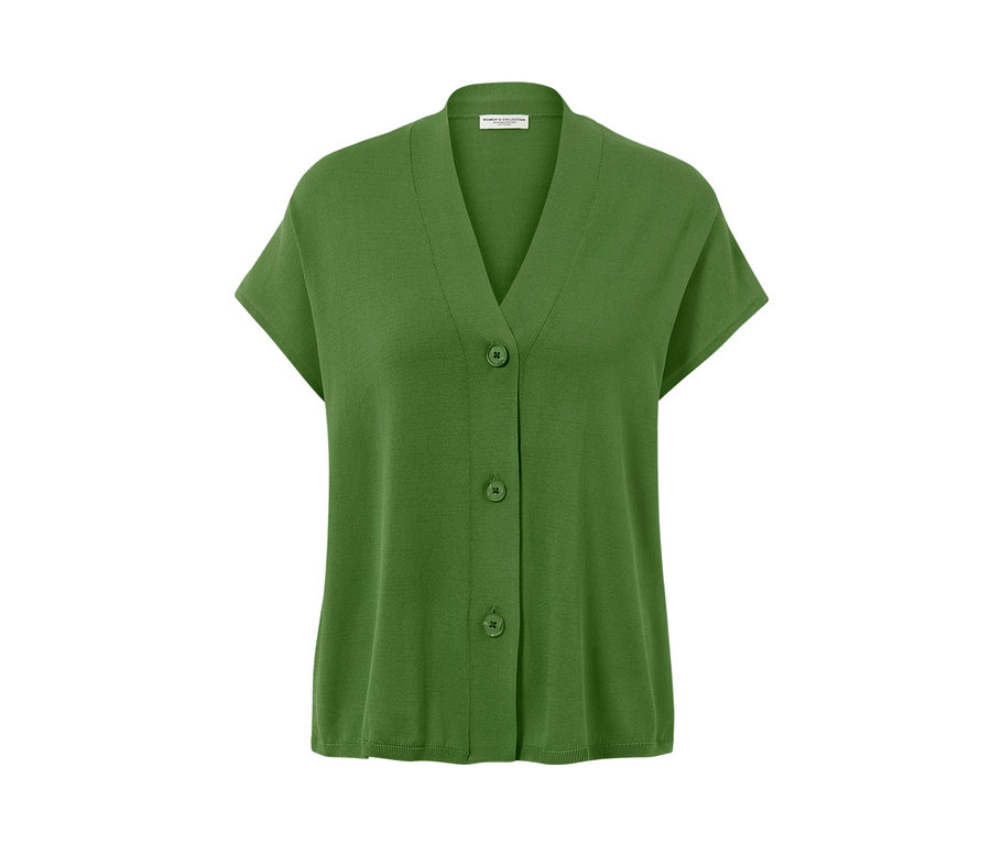 Zöld, rövid ujjú, három gombbal ellátott kardigán.