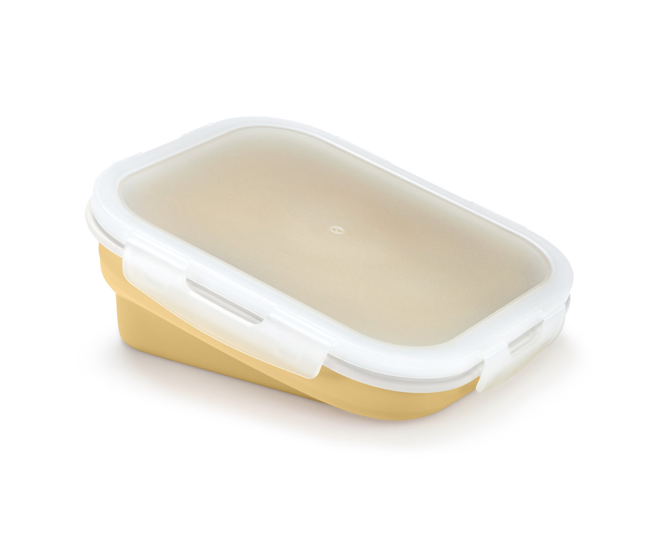 Sárga, összecsukható ételhordó doboz átlátszó fedéllel.