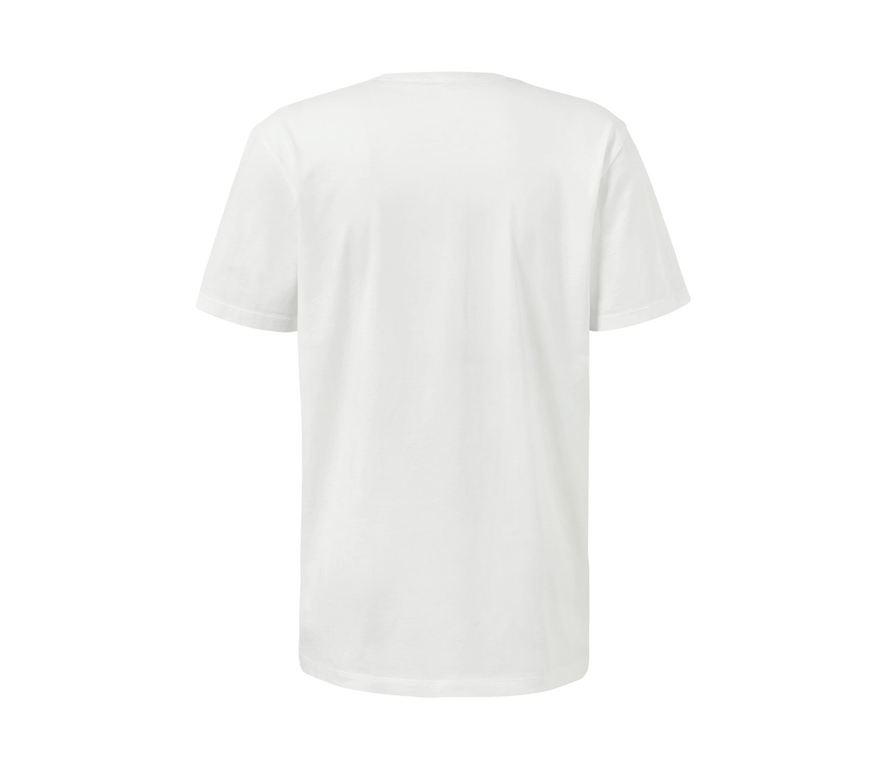 Hátulnézet egy fehér 2 férfi póló kerek nyakkivágással.