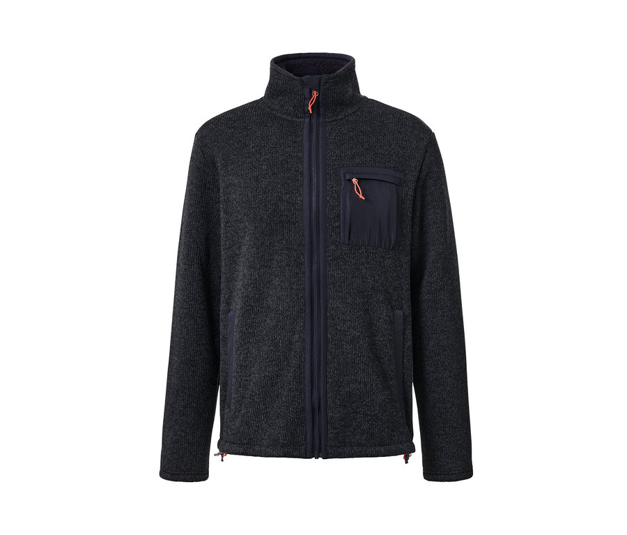 Egy sötétkék, cipzáras, kötött polár férfi felső mellzsebbel.