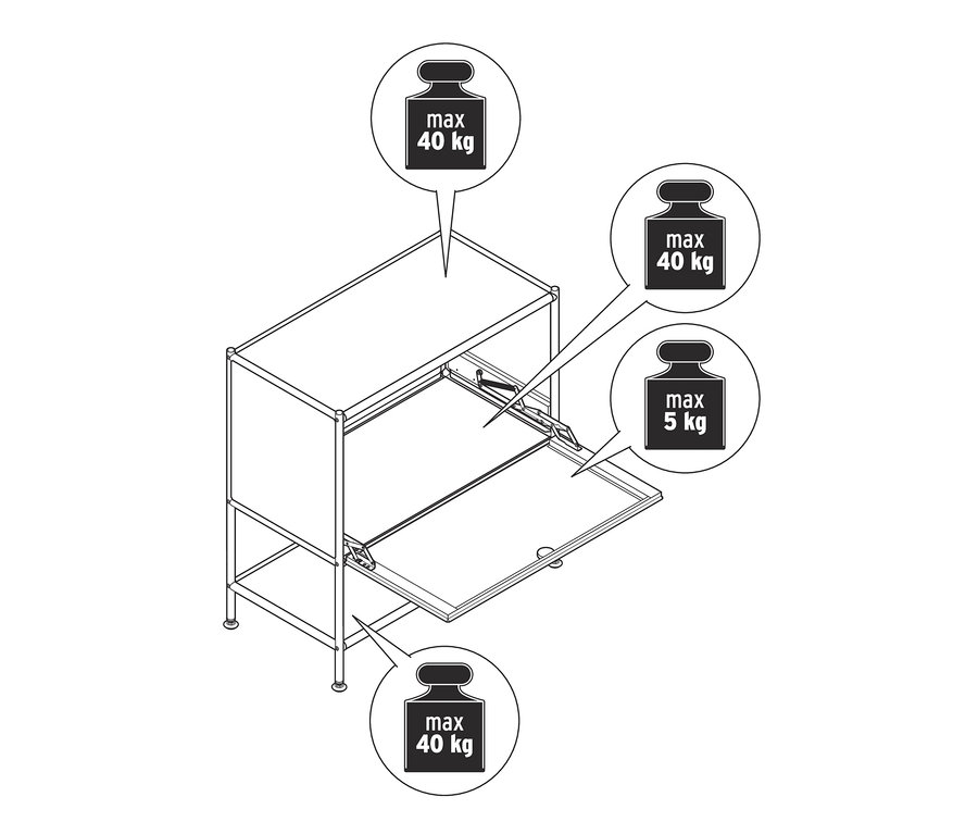 Rajz egy bézs színű »CN3« fém komódról lenyíló ajtóval.