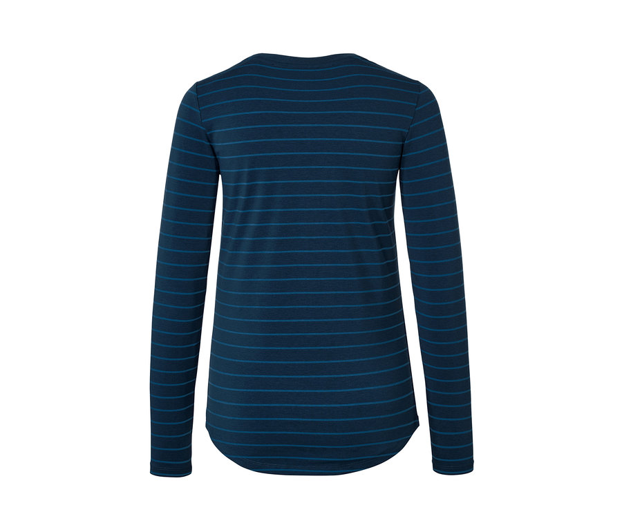 Hátulnézet a sötétkék és kék vízszintes csíkos női hosszú ujjú sportfelsőről.
