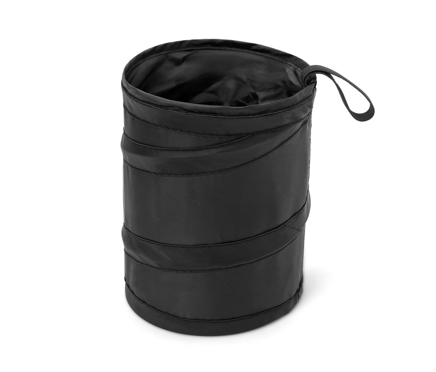 Egy fekete, összehajtható szemetes.