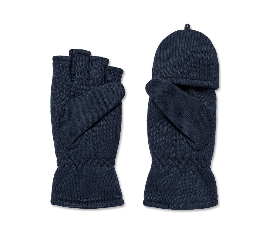 Két sötétkék gyerek kötött polár kesztyű visszahajtható ujjakkal; az egyiken a visszahajtott rész nyitva van.