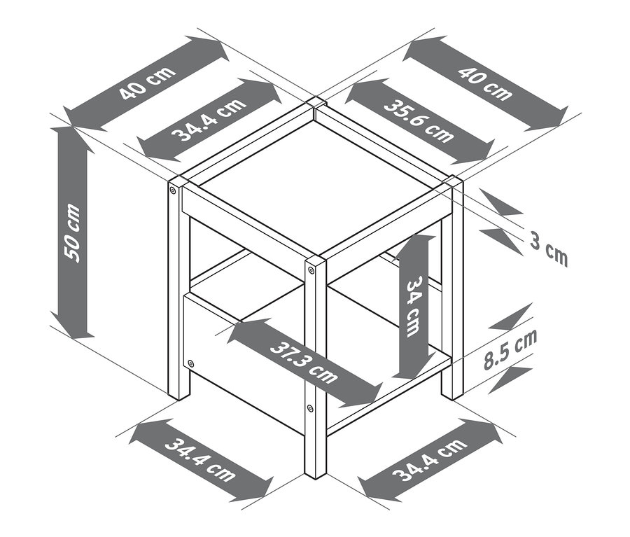 Mellékasztal méreteit ábrázoló séma.