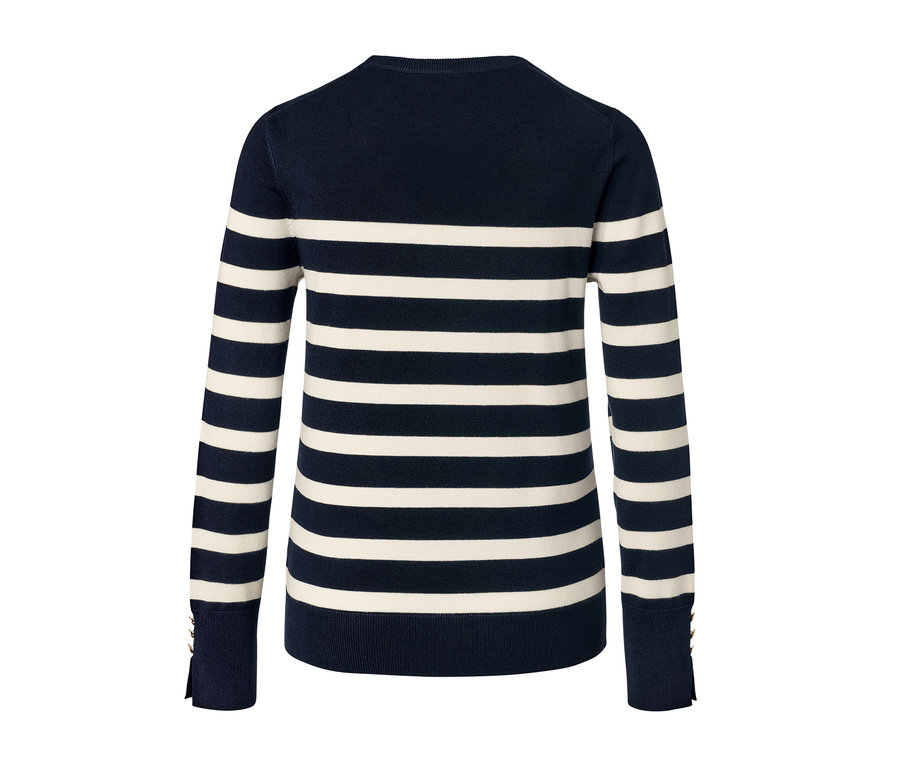 Sötétkék csíkos, finomkötésű női pulóver.