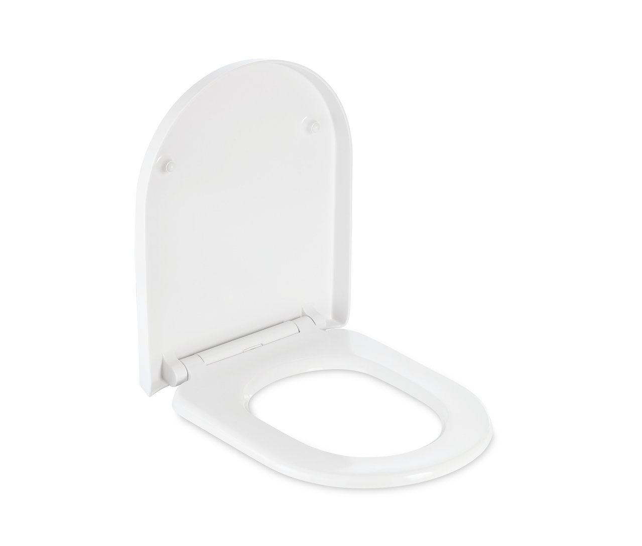 Egy fehér prémium, könnyen lehajtható WC-ülőke látható nyitott állapotban.