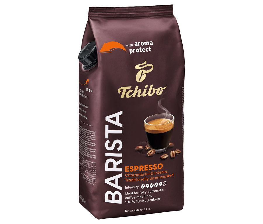Barna Barista Espresso 1 kg-os szemes kávé csomagolás, eszpresszó csésze és kávészemek illusztrációval.