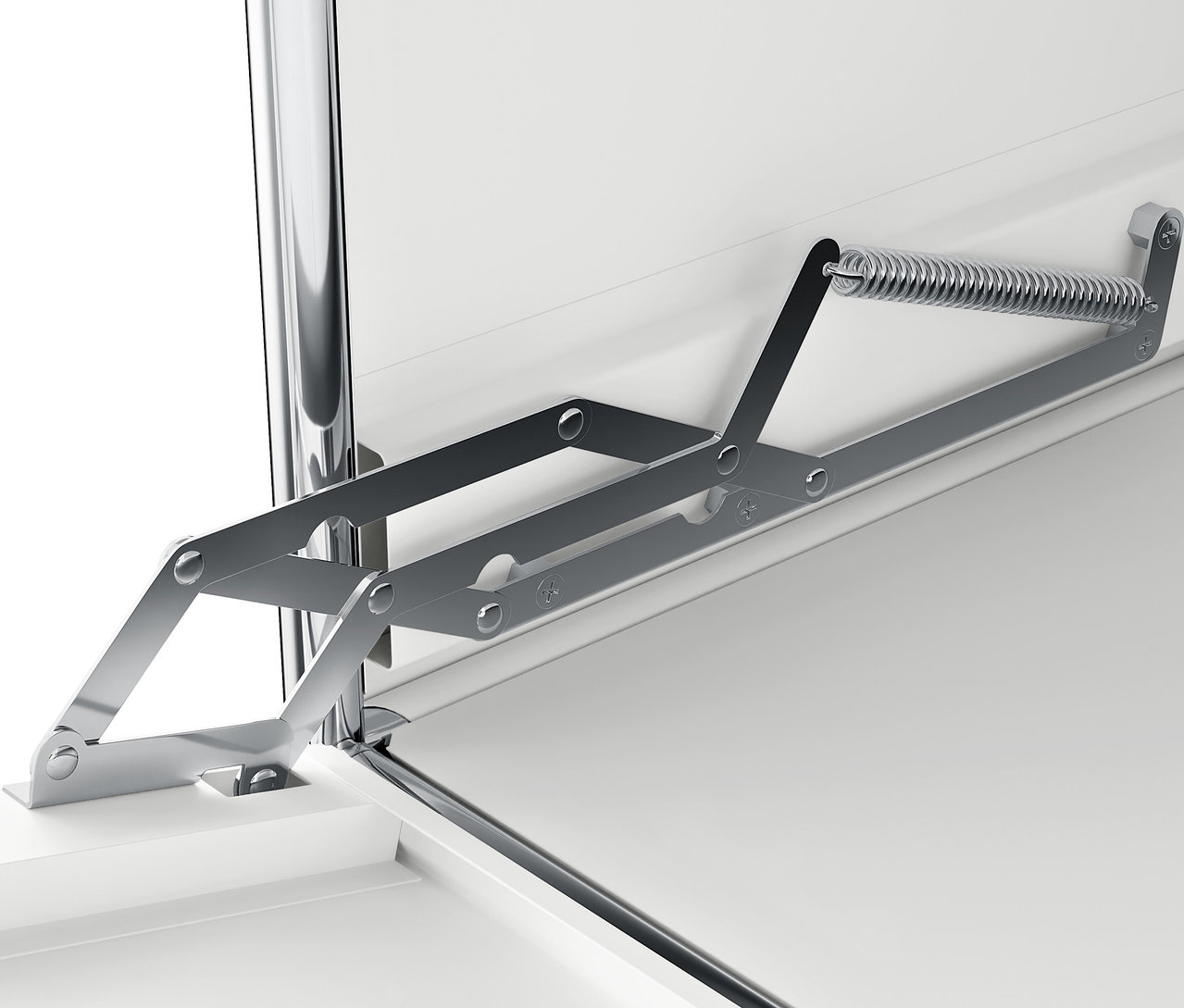 Ezüst színű összecsukható mechanizmus részlete fehér felületen.