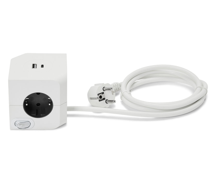 Egy fehér USB-s elosztó egy kábellel.