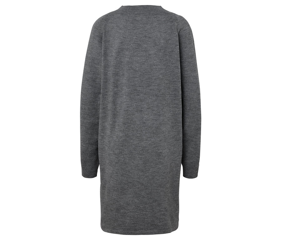 Hátulnézet egy hosszú ujjú, szürke kötött kardigánról.