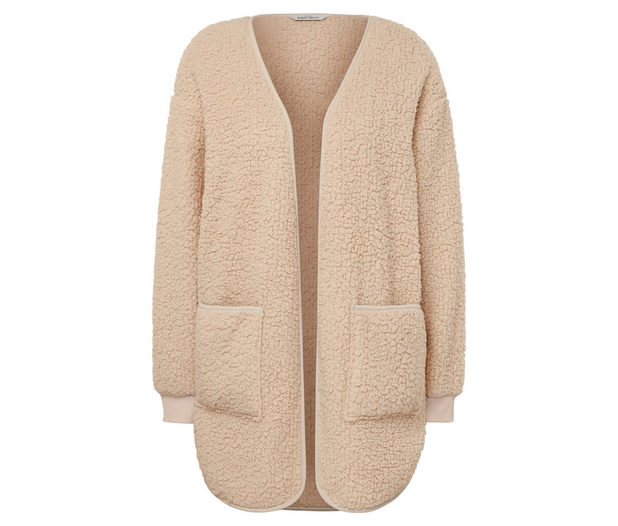 Bézs, nyitott kardigán hosszú ujjakkal és zsebekkel.