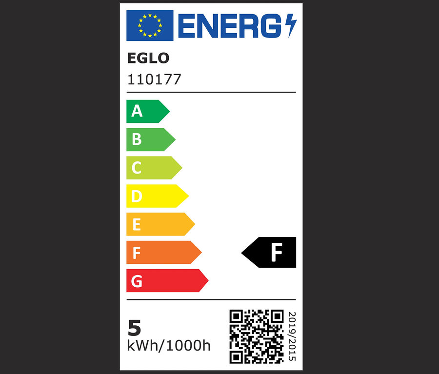 Energiacímke A-tól G-ig terjedő osztályokkal, F osztályú lámpa, 5 kWh/1000h.