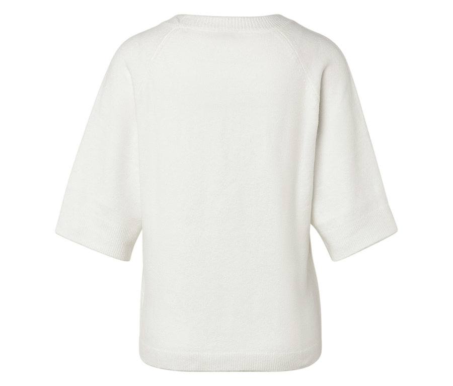 Fehér, rövid ujjú pulóver hátulról.