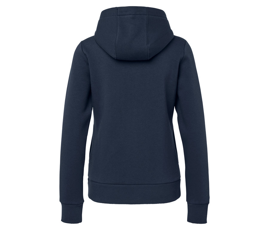 Egy sötétkék kapucnis pulóver hátulnézete.