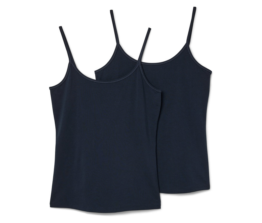 Két sötétkék, vékony pántos trikó egymás mellett.