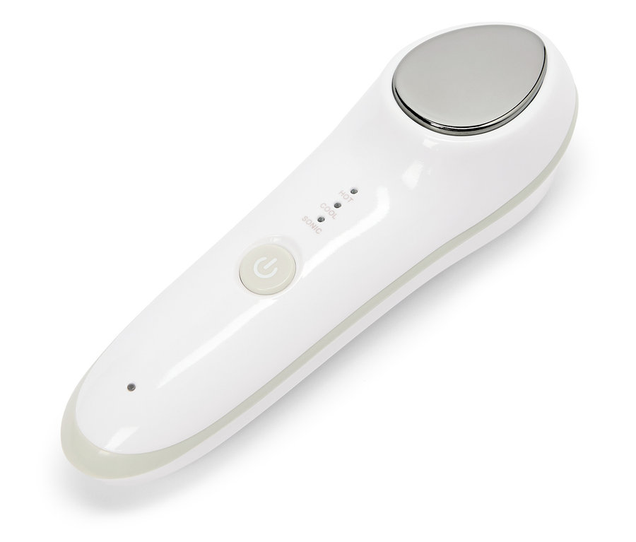 Fehér kozmetikai eszköz fém fejjel, hőmérséklet- és hangmód beállítására szolgáló gombokkal.