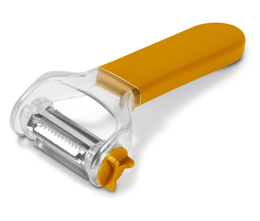 Sárga zöldséghámozó átlátszó műanyag burkolattal, fehér háttéren.