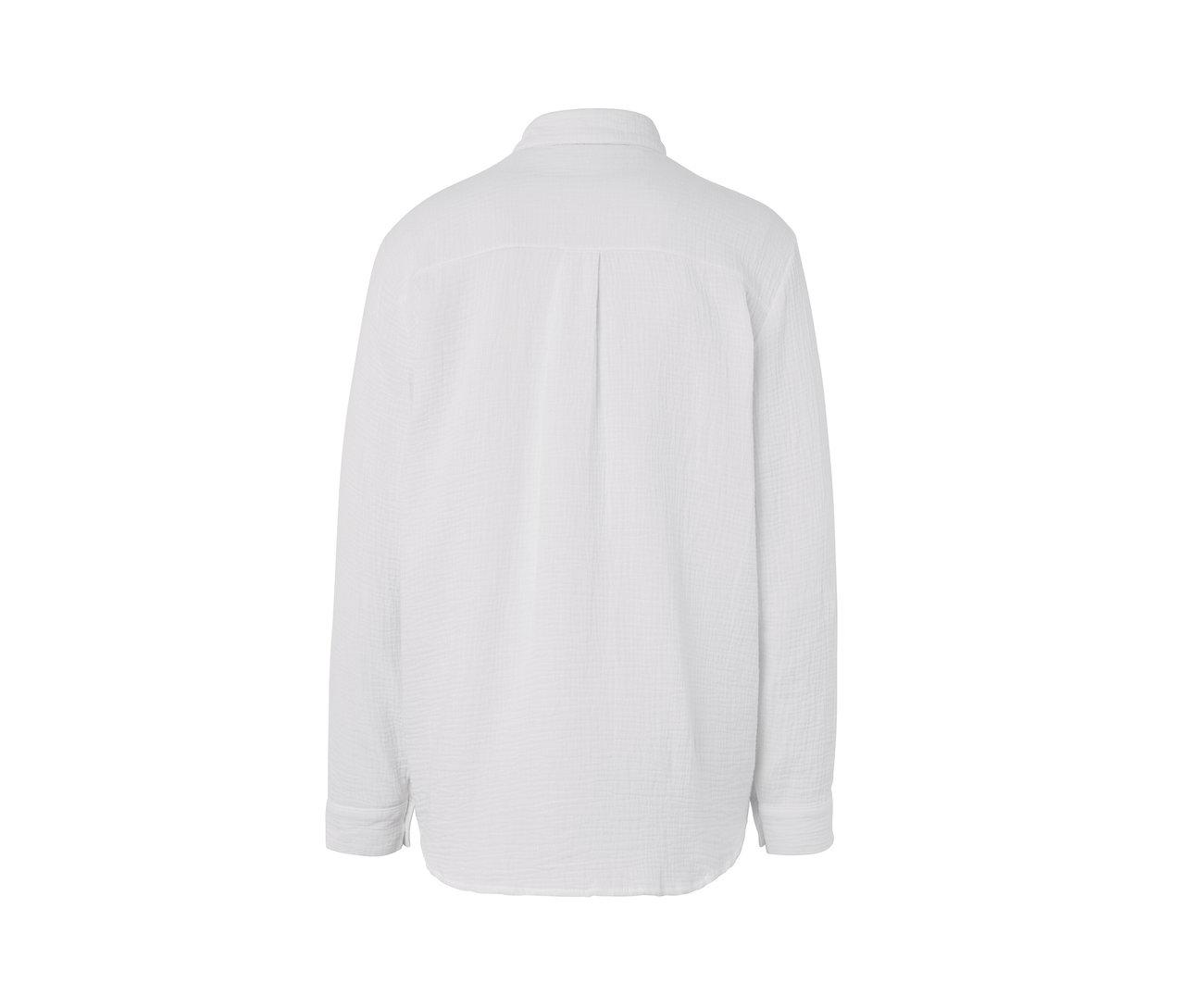 Hátulnézet egy fehér muszlinblúzról.