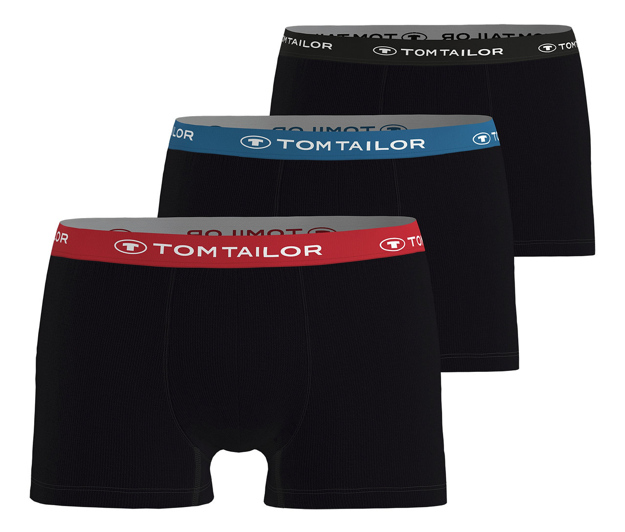 Három, egymásra rakott, többszínű TomTailor »Buffer« boxeralsó, fekete szárral és színes, TomTailor logós szalagokkal.