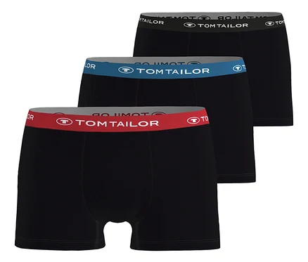 Három, egymásra rakott, többszínű TomTailor »Buffer« boxeralsó, fekete szárral és színes, TomTailor logós szalagokkal.