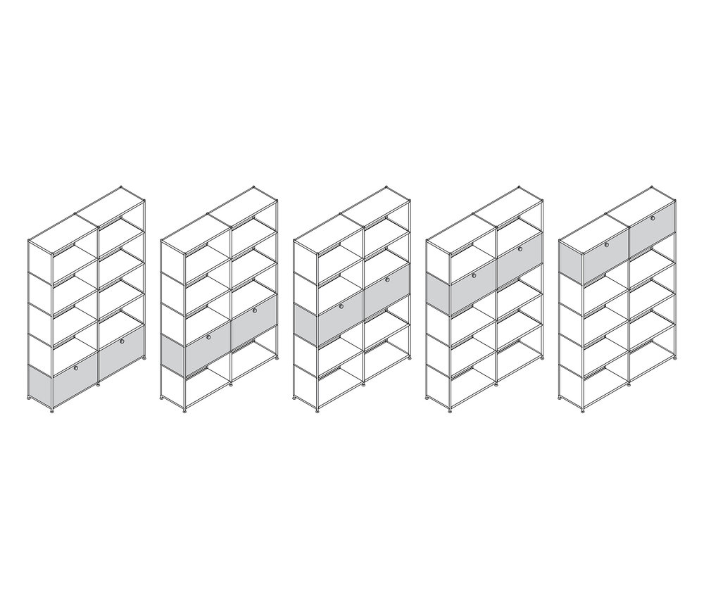 Öt darab »CN3« polc 2 ajtóval, egy fekete, egy szürke és egy fehér, a másik kettő ajtó nélkül.