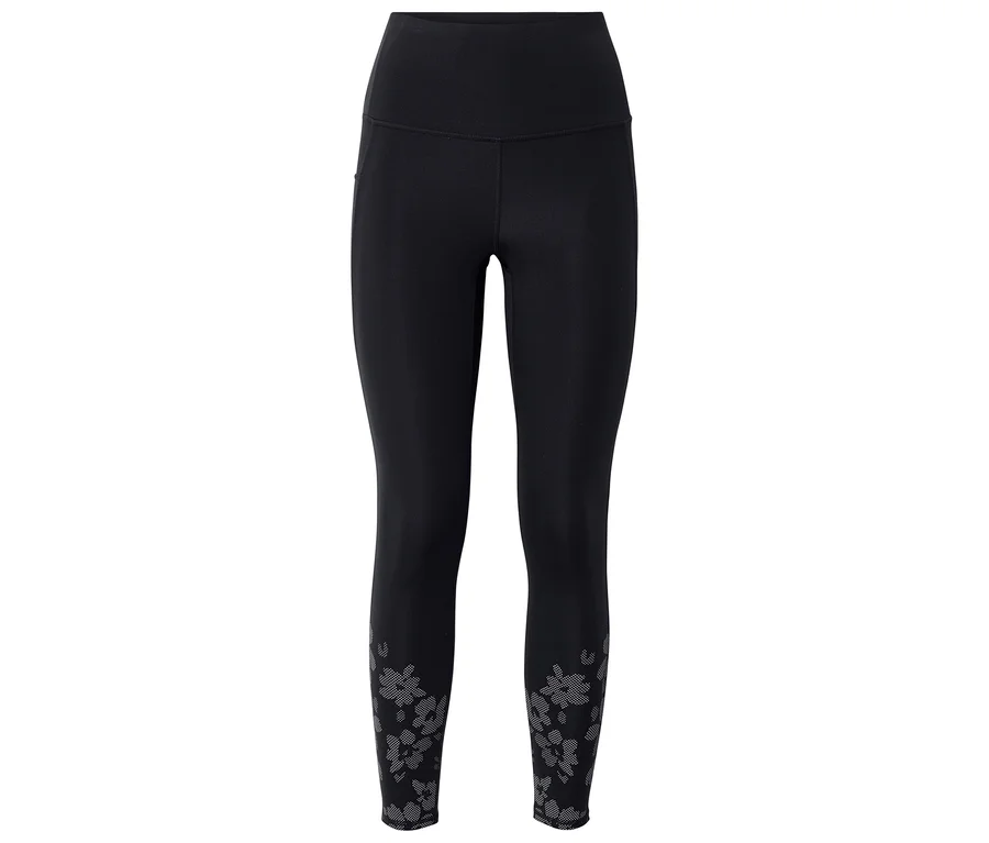 Fekete »ActivePower« sportleggings magas derékkal és szürke virágmintával a bokákon.