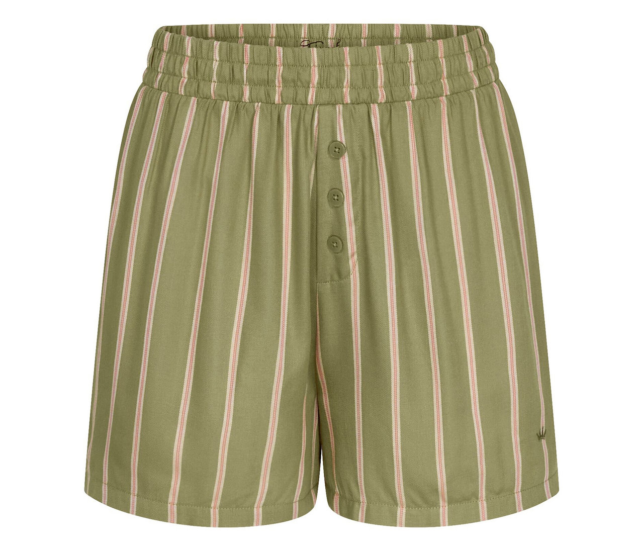 Triumph Mix & Match viszkóz rövidnadrág. Olívazöld rövidnadrág rózsaszín csíkokkal, gumírozott derékkal és gombsorral.