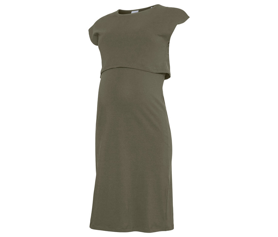 Khaki színű terhesruha rövid felsőrésszel és térdig érő szoknyával.