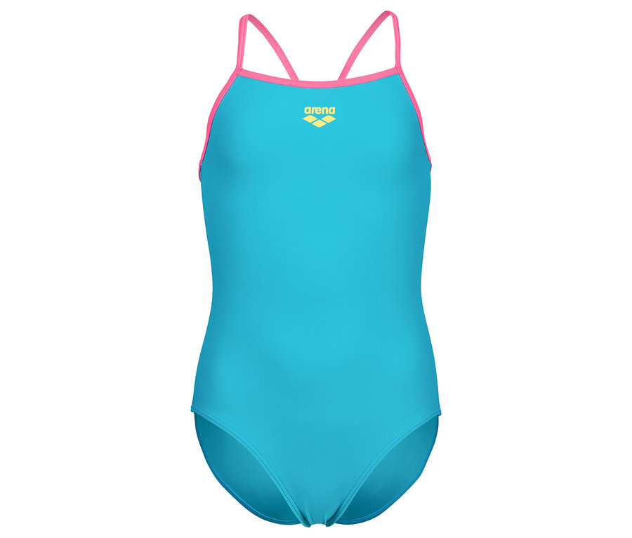 Türkiz fürdőruha rózsaszín pántokkal, stúdióban fényképezve.