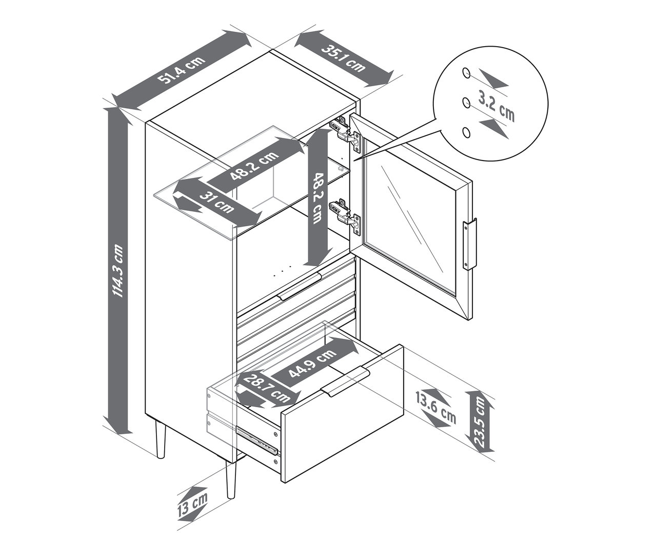 A »BAAKEN« vitrines szekrény vázlata üvegajtóval és 2 fiókkal, méretekkel.